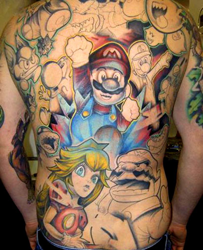 Huge Super Mario Brothers Back Tattoo