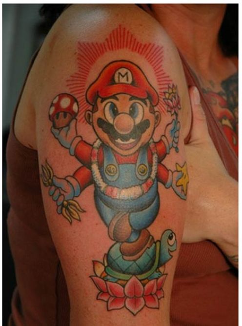 The Mario Sleeve tattoo with an actual scene from the game